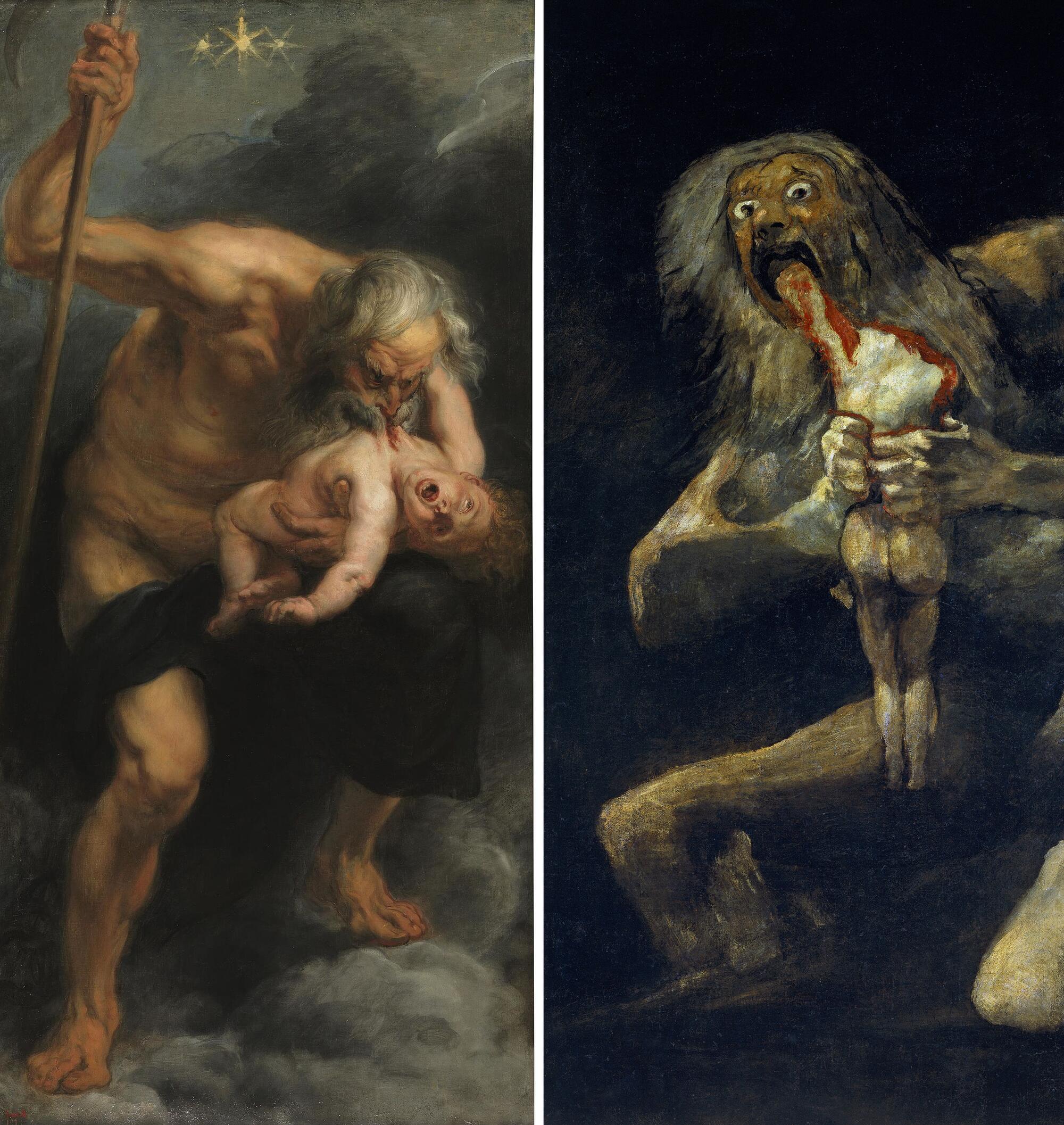 Saturno devora a sus hijos, el mito griego interpretado por Rubens, a la izquierda; y por Goya, a la derecha.